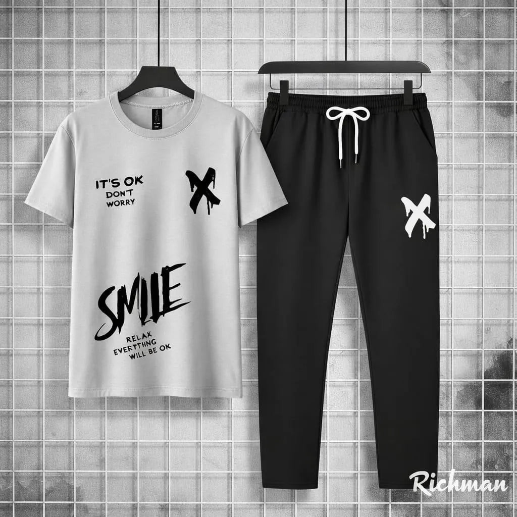 Men Printed Graphic Track Suit Grey Black Cotton Summer Sale