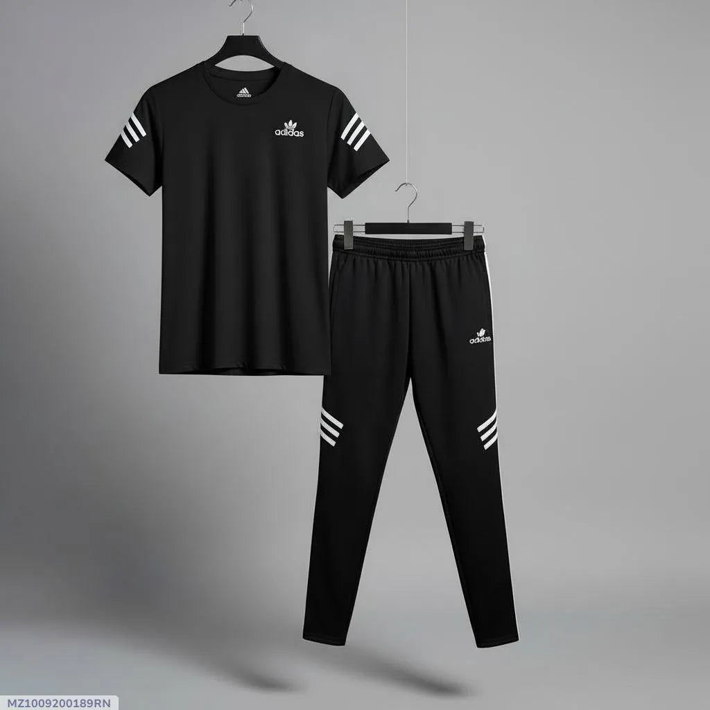 Men Black Track Suit with Stripes – 2-Piece Gym, Sports & Casual Athletic Tracksuit