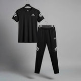 Men Black Track Suit with Stripes – 2-Piece Gym, Sports & Casual Athletic Tracksuit