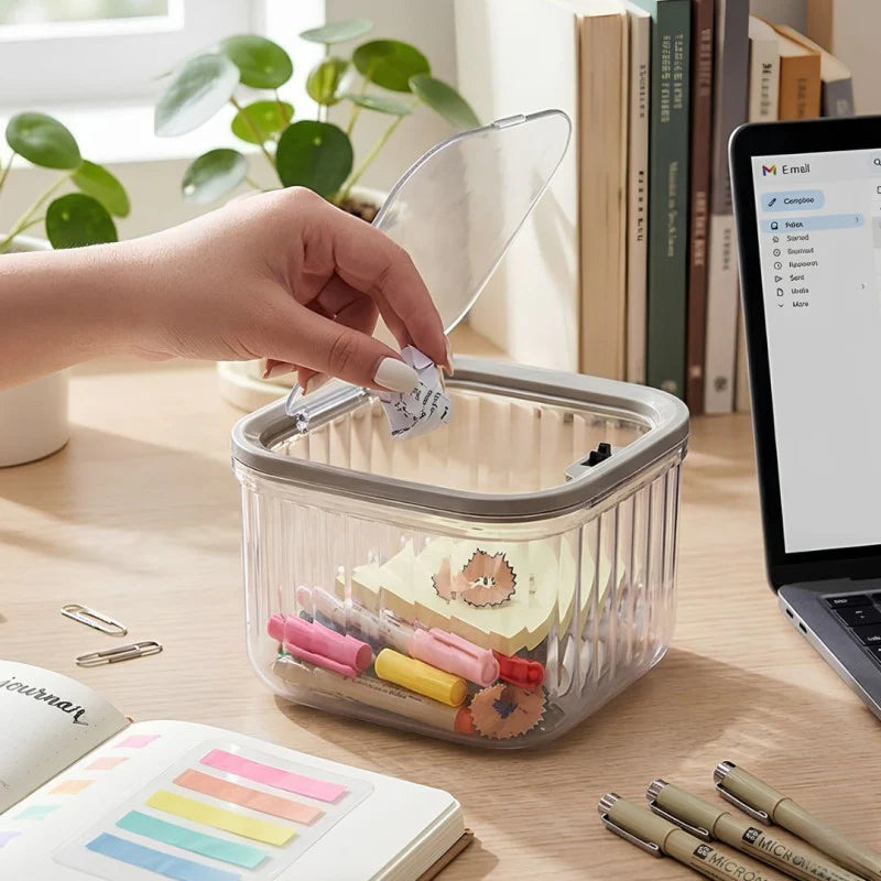 Transparent Plastic Desktop Trash Bin – Mini Tabletop Waste Basket for Office, Bedroom, Kitchen & Makeup Desk