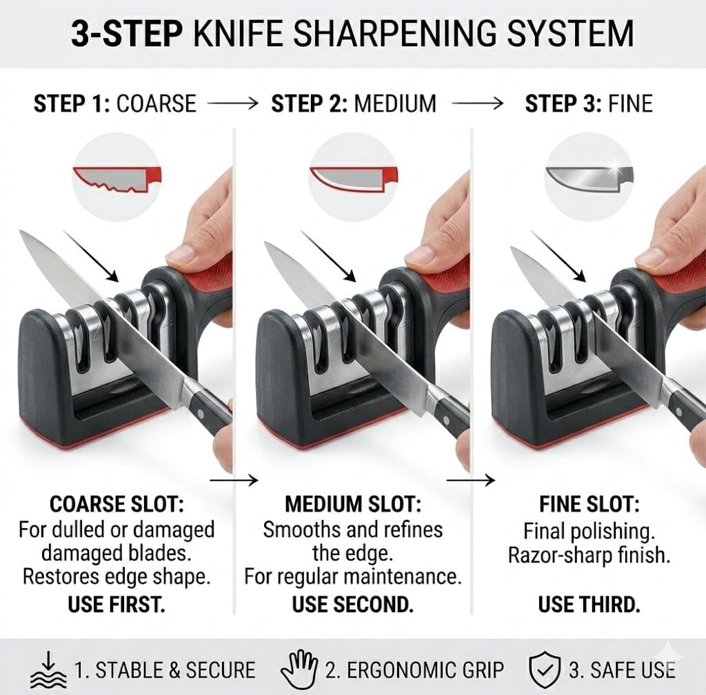 Professional Knife Sharpener – 3 Stage Tungsten Steel, Diamond & Ceramic Kitchen Knife Sharpening Tool