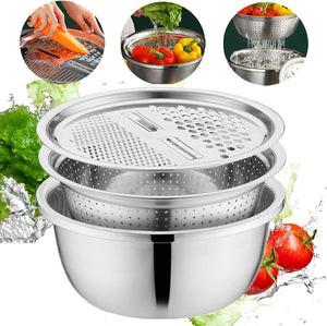 Multifunctional Stainless Steel Colander with Grater – Vegetable & Fruit Washing Basket with Grating Lid
