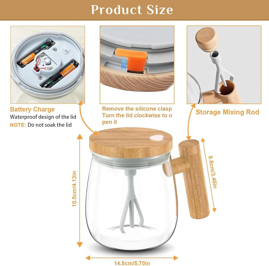 Self Stirring Mug 400ml – Automatic Mixing Borosilicate Glass Coffee Cup with One-Touch Stirring