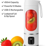 Portable Blender 450ml – 12-Blade USB-C Rechargeable Mini Juicer for Smoothies, Shakes & Protein Drinks
