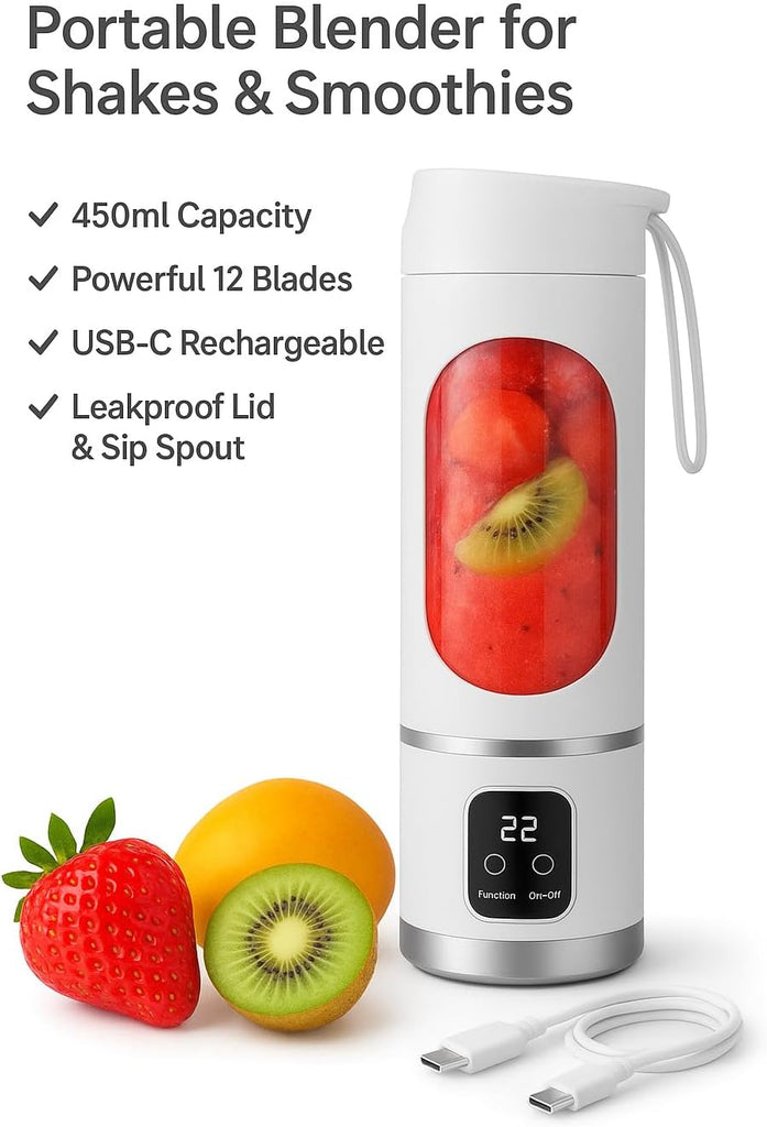 Portable Blender 450ml – 12-Blade USB-C Rechargeable Mini Juicer for Smoothies, Shakes & Protein Drinks
