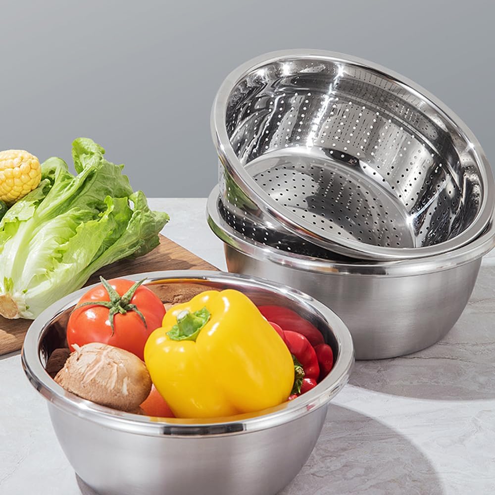 Multifunctional Stainless Steel Colander with Grater – Vegetable & Fruit Washing Basket with Grating Lid