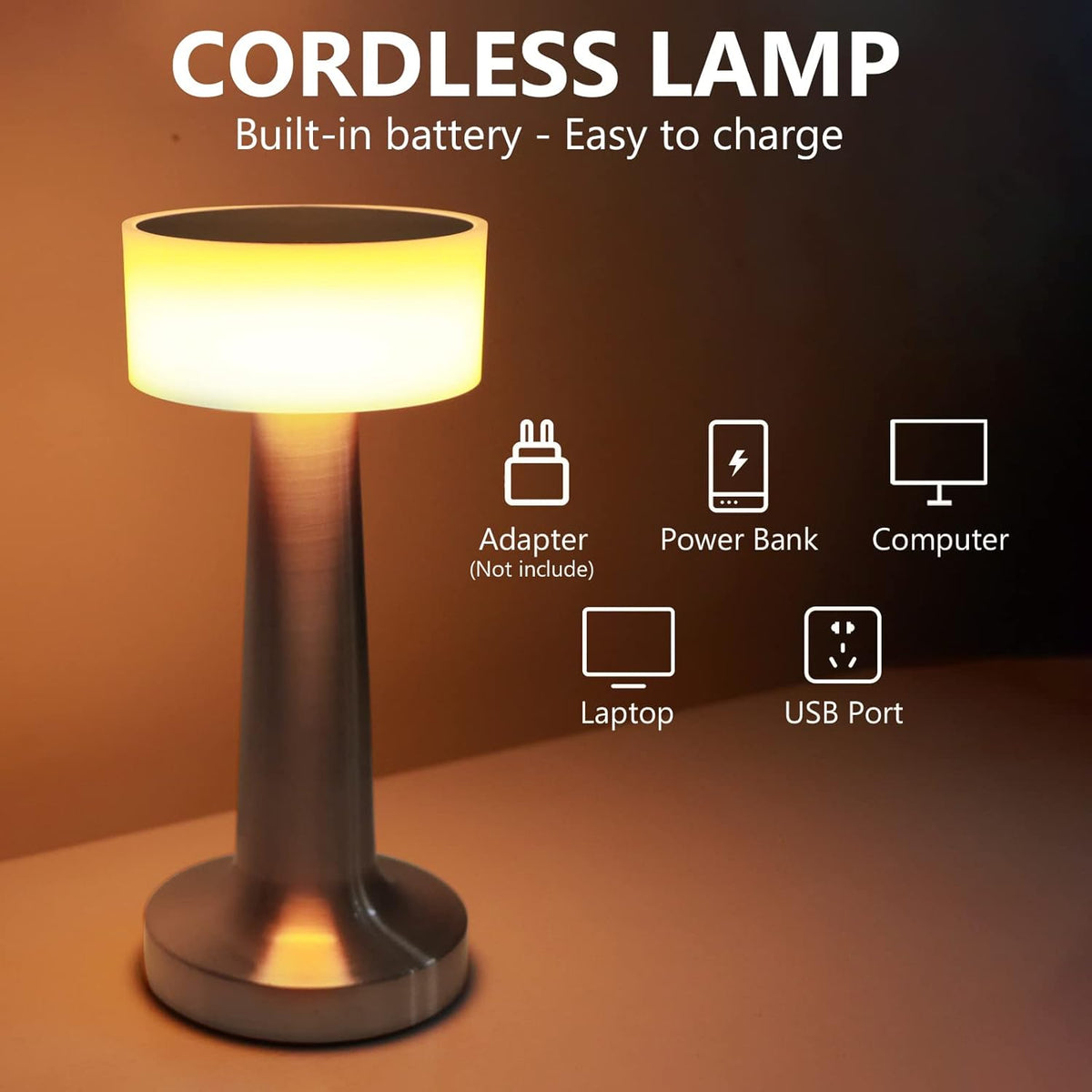 LED Table Lamp – Rechargeable Cordless Desk Lamp with Touch Control, 3 Color Dimmable Light for Bedroom, Office & Study