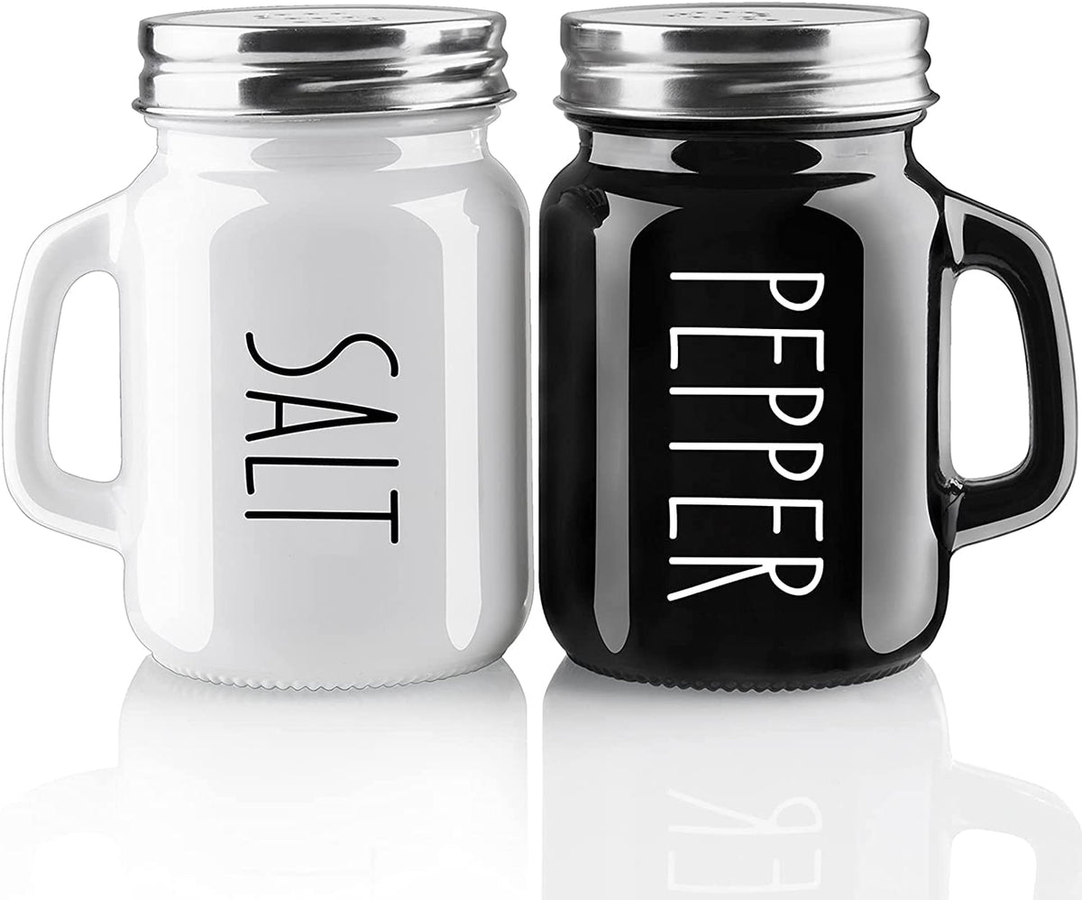 KITOME Salt and Pepper Shakers Set – Ceramic Spice Dispensers with Stainless Steel Lids & Handles, Black & White, 2-Piece Kitchen Dining Set