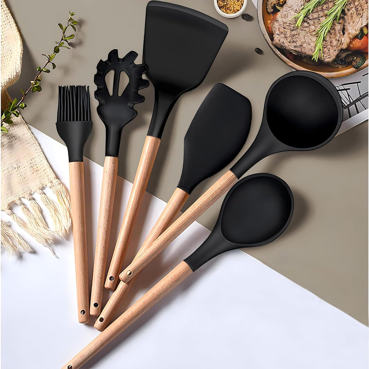 12 PCS Silicone Kitchen Utensil Set – Non-Stick Cooking Spoon Set with Wooden Handles & Utensil Holder