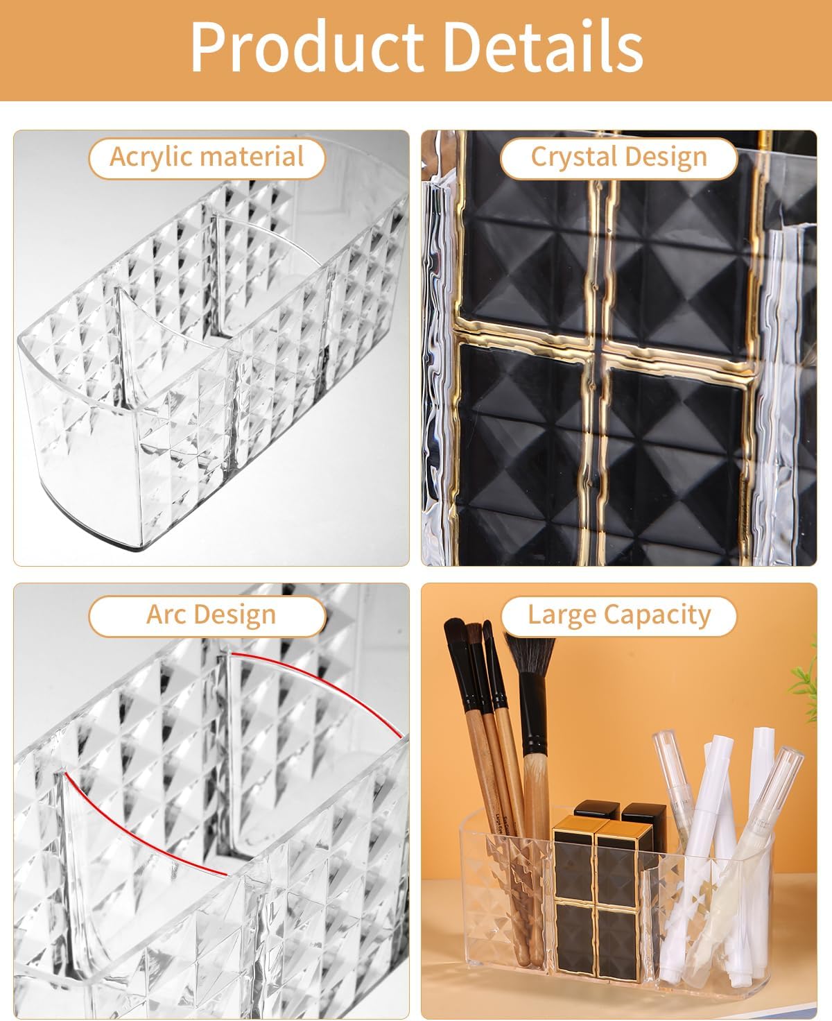 Acrylic 3-Part Diamond Cut Organizer – Multipurpose Makeup, Cosmetic & Desk Storage Holder