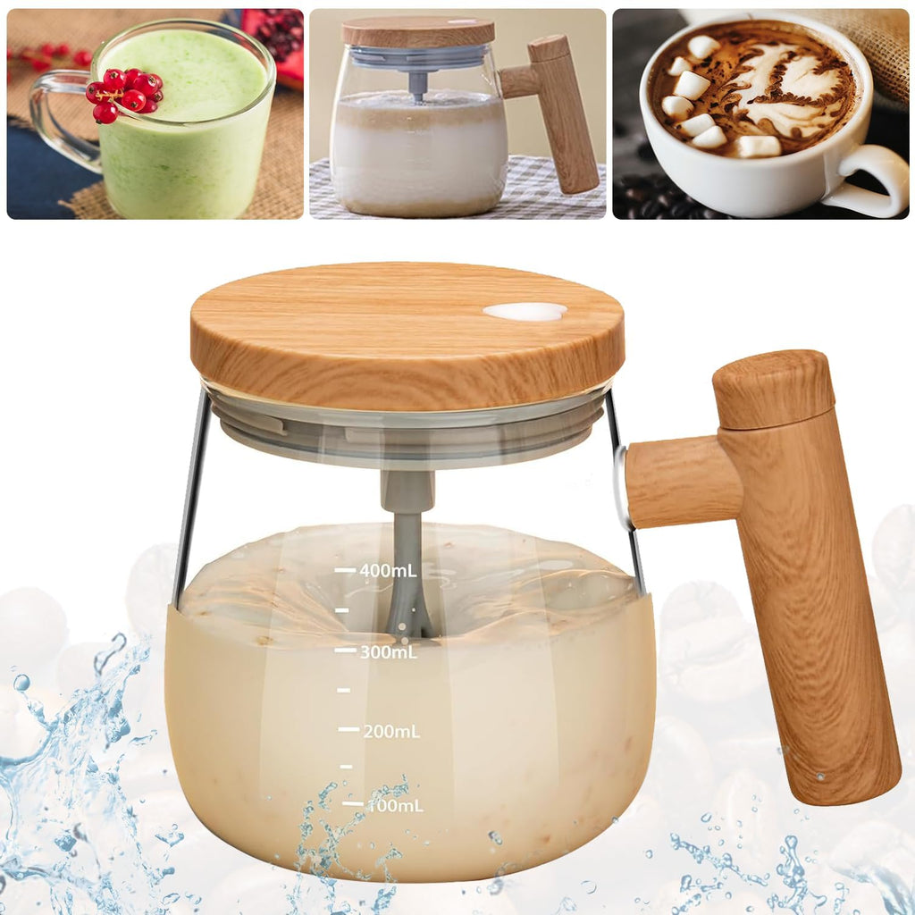 Self Stirring Mug 400ml – Automatic Mixing Borosilicate Glass Coffee Cup with One-Touch Stirring