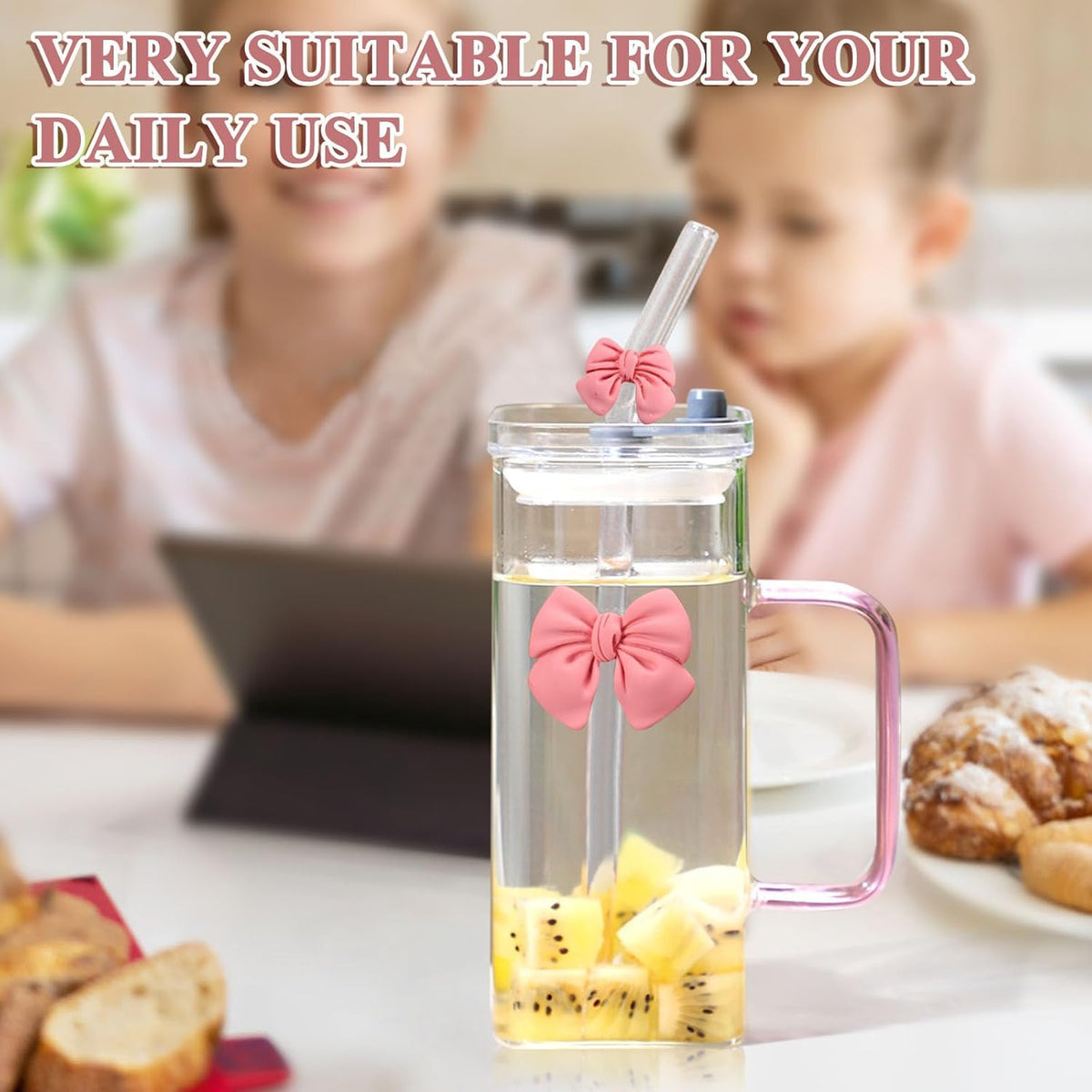 FUNKYFINDS Pink Cute Bow Square Glass Cup with Lid and Straw, Pink Glass Tumbler with Handle Bow Knot Transparent Drinking Glasses for Juice, Iced Coffee, Milk, and Tea Girl Birthday Gifts (Set of 1)
