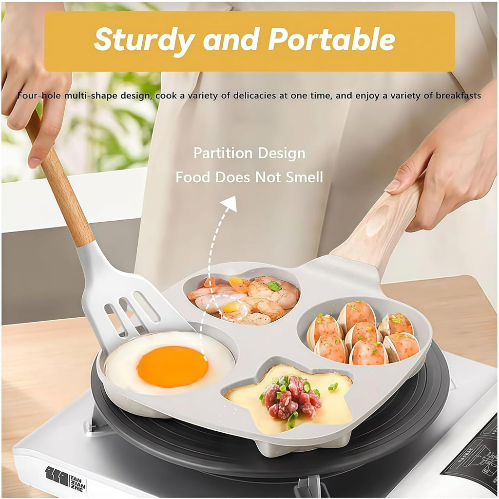 4-Hole Non-Stick Egg Frying Pan – 4 Section Omelet & Egg Skillet with Handle for Gas & Induction Stove