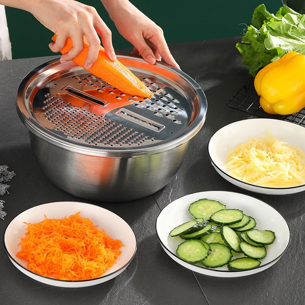 Multifunctional Stainless Steel Colander with Grater – Vegetable & Fruit Washing Basket with Grating Lid