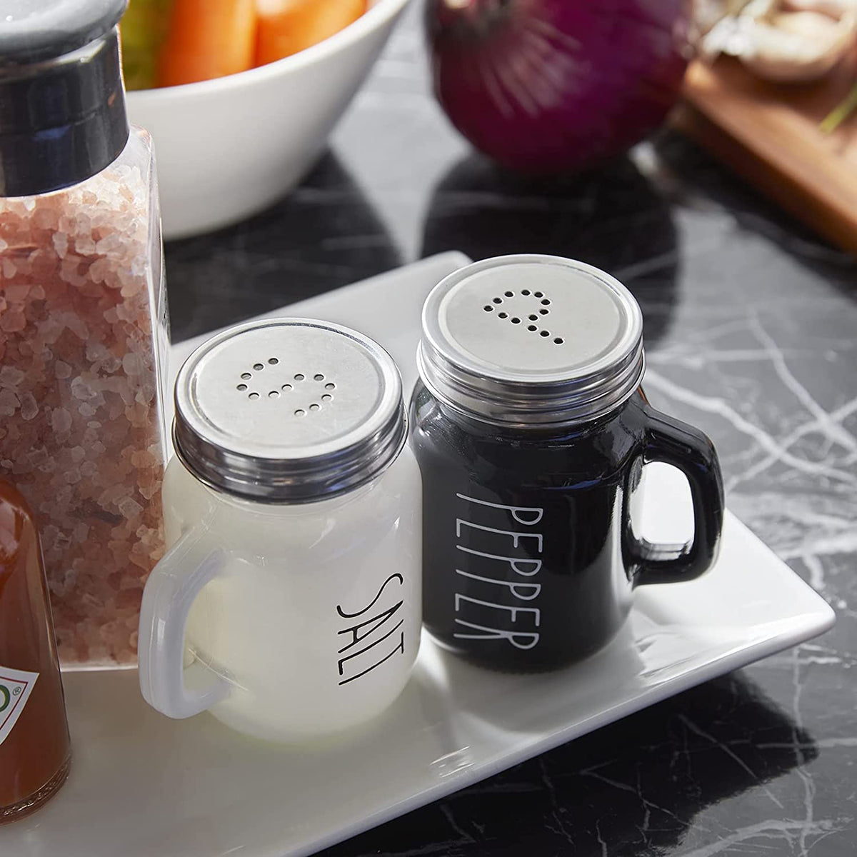 KITOME Salt and Pepper Shakers Set – Ceramic Spice Dispensers with Stainless Steel Lids & Handles, Black & White, 2-Piece Kitchen Dining Set
