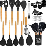 12 PCS Silicone Kitchen Utensil Set – Non-Stick Cooking Spoon Set with Wooden Handles & Utensil Holder