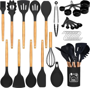 12 PCS Silicone Kitchen Utensil Set – Non-Stick Cooking Spoon Set with Wooden Handles & Utensil Holder