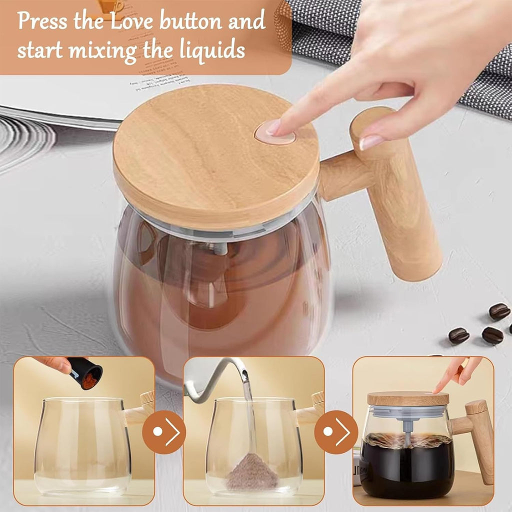Self Stirring Mug 400ml – Automatic Mixing Borosilicate Glass Coffee Cup with One-Touch Stirring