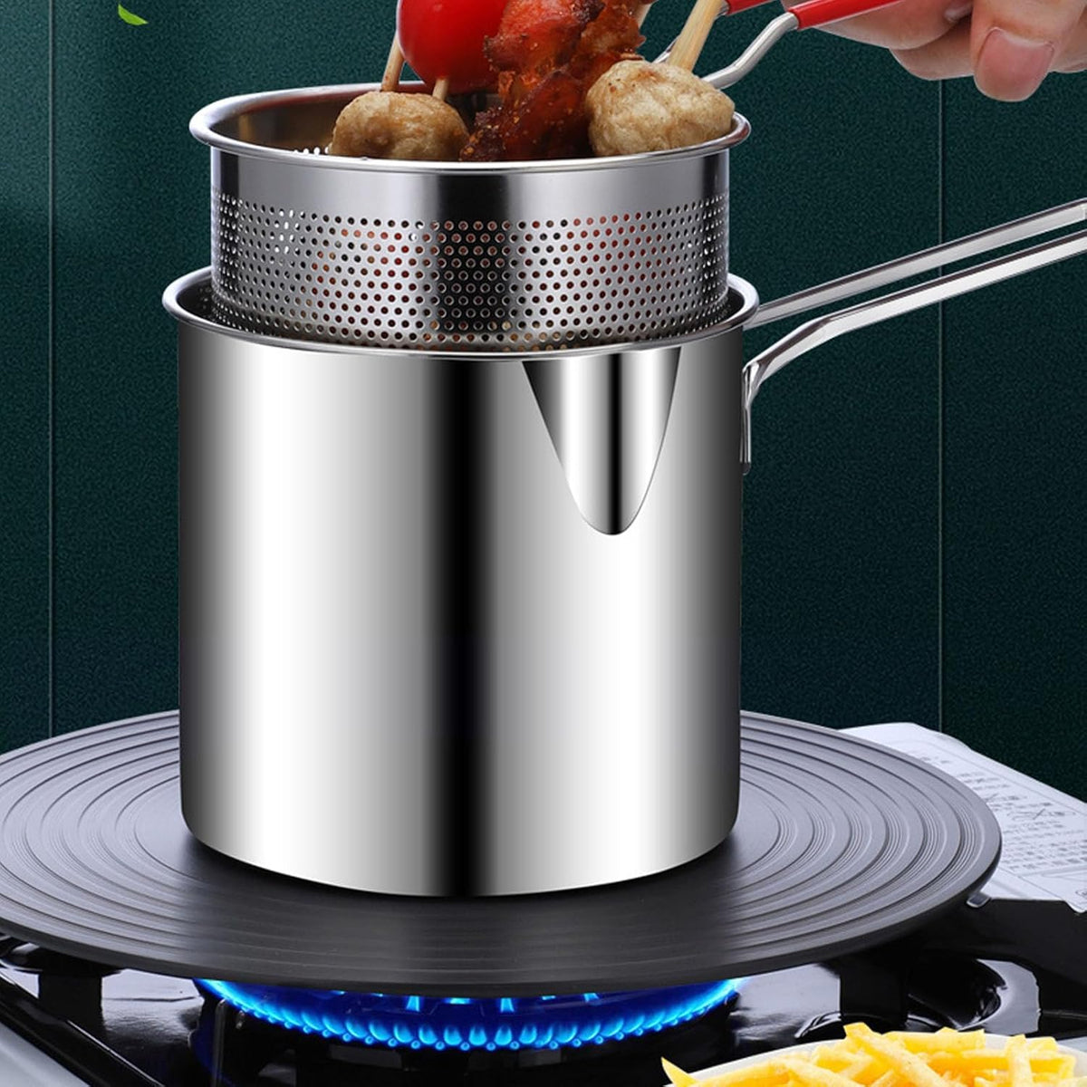 1200ml Stainless Steel Deep Frying Pot with Strainer Basket – Oil Fryer Pot for French Fries, Chicken & Tempura