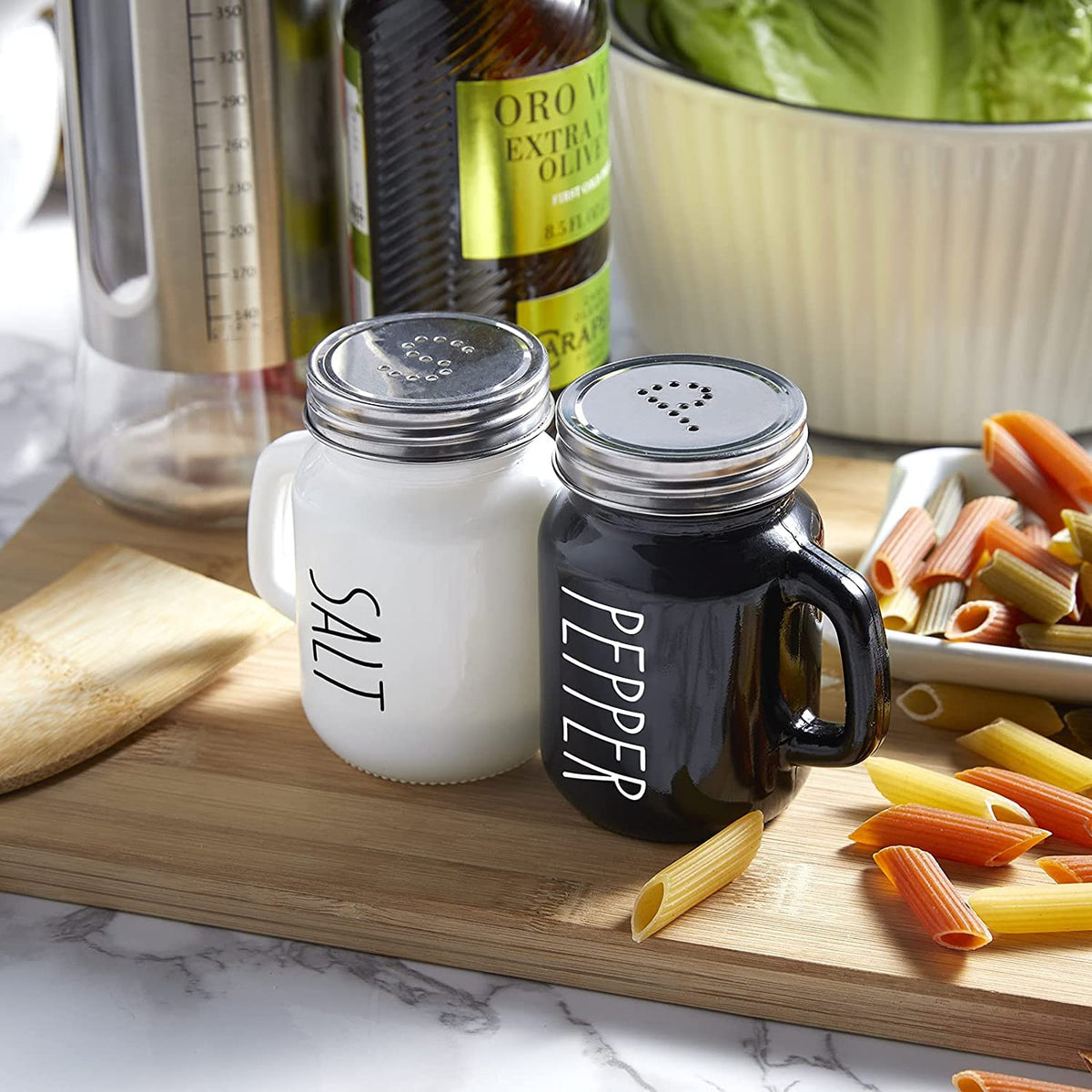 KITOME Salt and Pepper Shakers Set – Ceramic Spice Dispensers with Stainless Steel Lids & Handles, Black & White, 2-Piece Kitchen Dining Set
