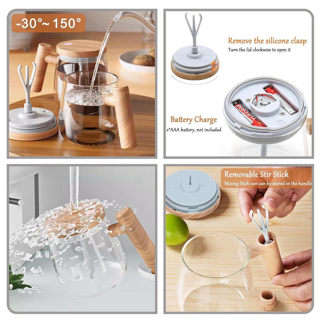 Self Stirring Mug 400ml – Automatic Mixing Borosilicate Glass Coffee Cup with One-Touch Stirring
