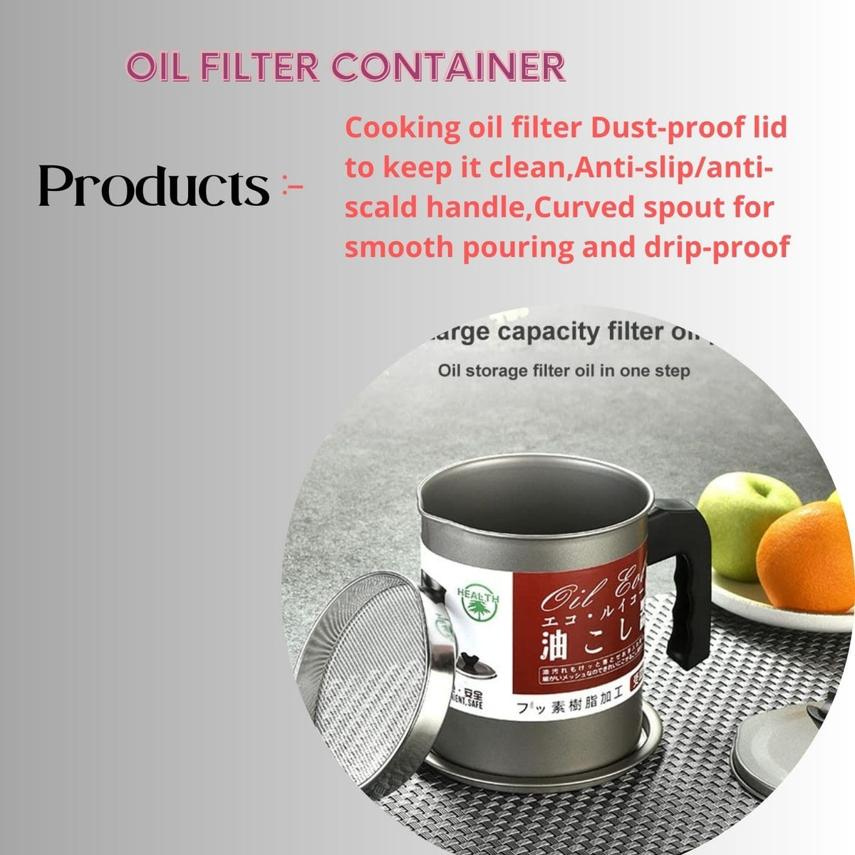 Kitchen Oil Filter Pot 1.4L – Stainless Steel Oil Strainer Container with Fine Mesh Filter for Cooking Oil Storage