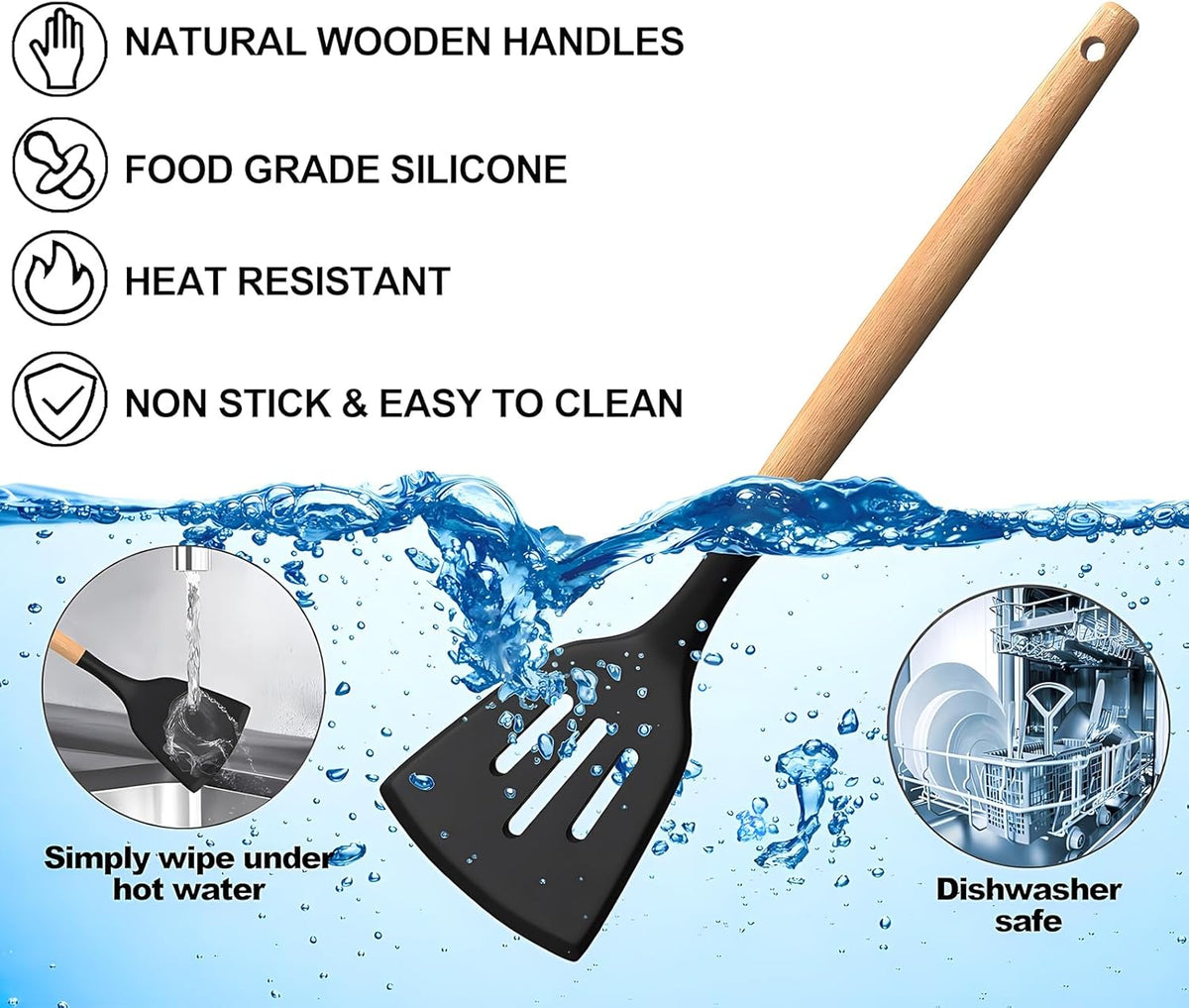 12 PCS Silicone Kitchen Utensil Set – Non-Stick Cooking Spoon Set with Wooden Handles & Utensil Holder