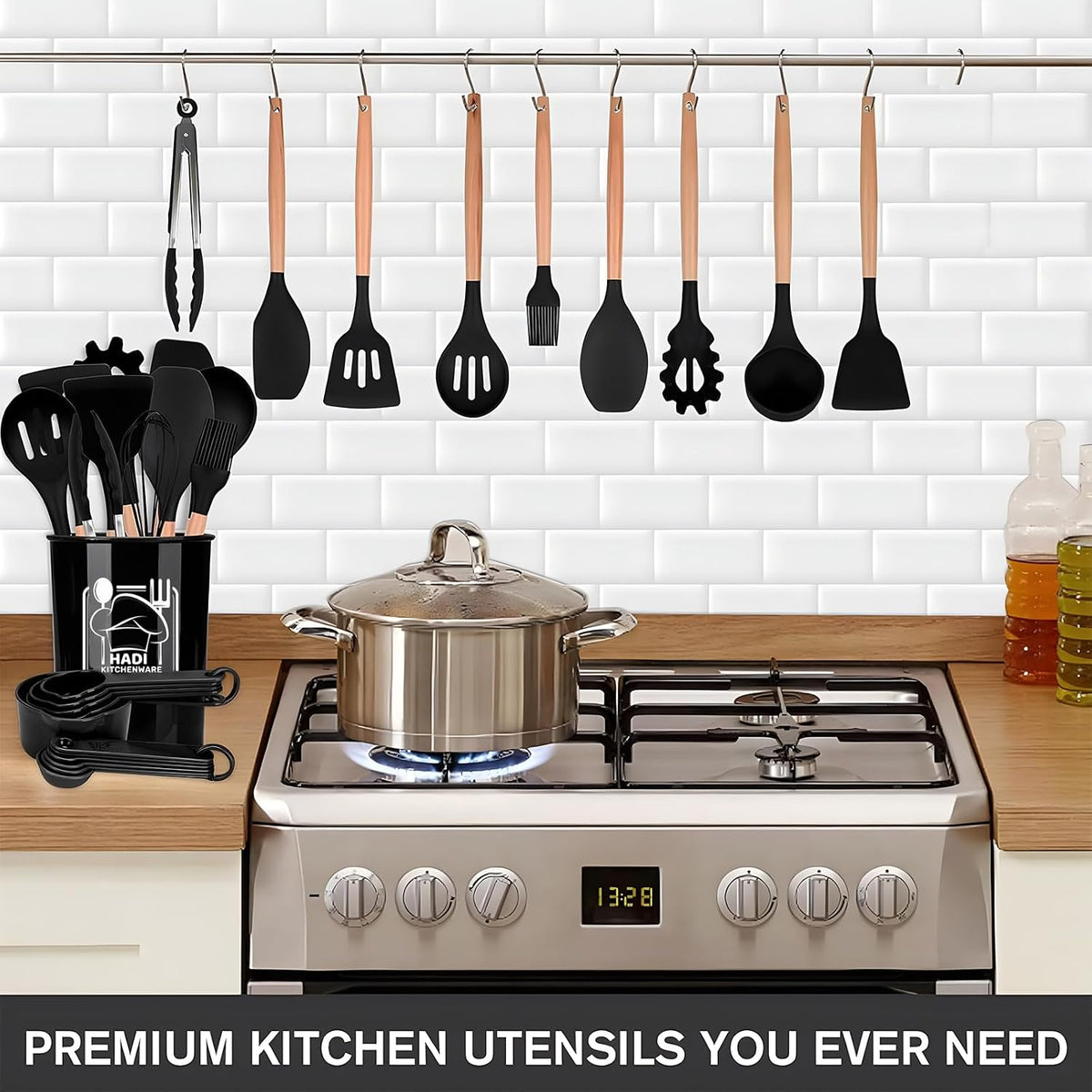 12 PCS Silicone Kitchen Utensil Set – Non-Stick Cooking Spoon Set with Wooden Handles & Utensil Holder