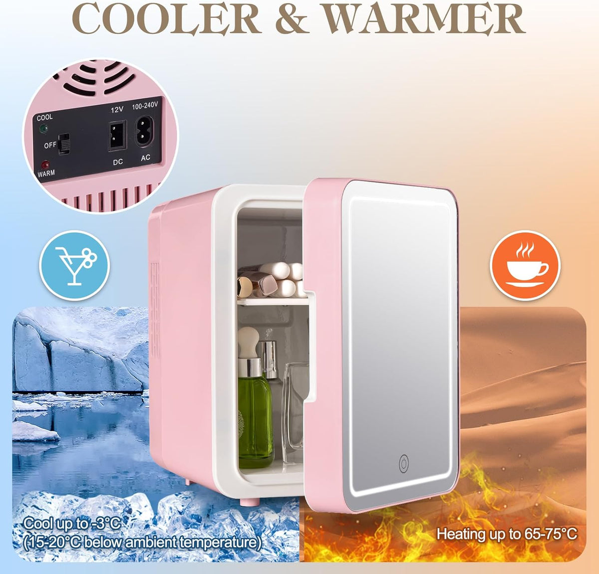 4L Vanity Mirror LED Portable Mini Fridge – Makeup & Skincare Refrigerator with LED Mirror for Bedroom, Office & Car