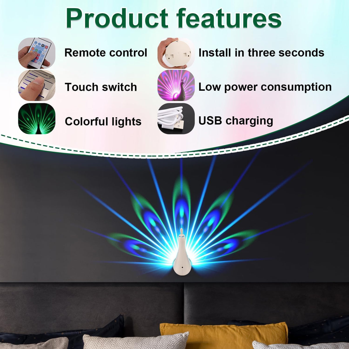 Rechargeable Peacock Projection Lamp – USB LED Sunset Projector Mood Light with Multi-Color Ambient Lighting