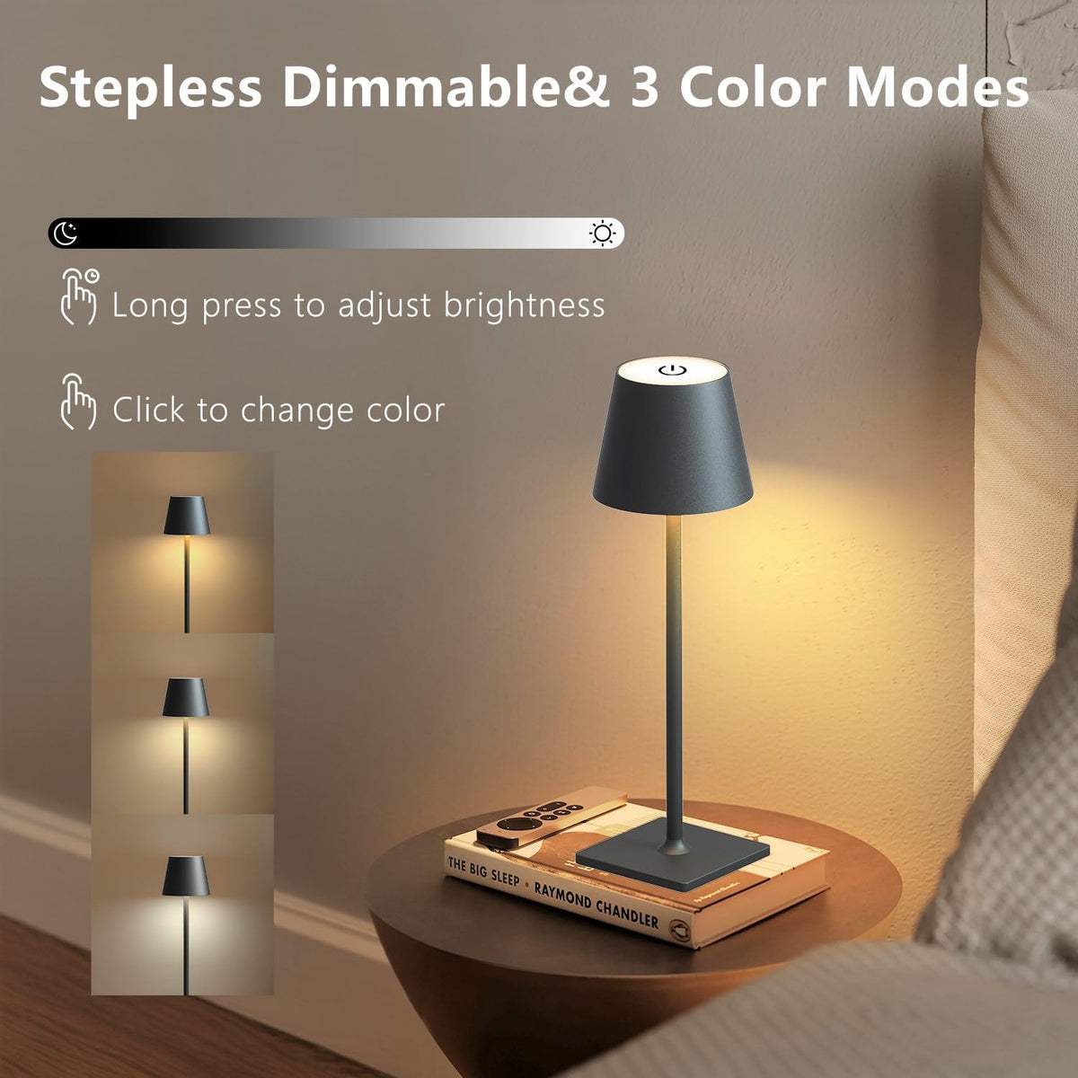 Luxury Metal Rechargeable Tap Lamp – Cordless LED Table Lamp with Touch Control, 3 Color Dimmable Light & USB Charging