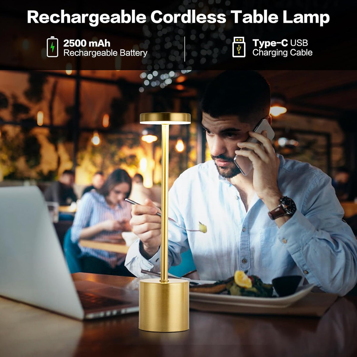 MASUPER Cordless LED Table Lamp – Rechargeable Portable Desk Lamp with 3 Color Stepless Dimming & USB-C Charging