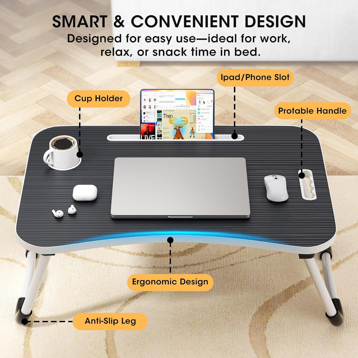 Folding Lap Desk, 23.6 Inch Wood Laptop Bed Desk with Cup Holder, Portable Bed Table for Working Writing Reading & Eating for Bed, Sofa, Couch, Floor - Black