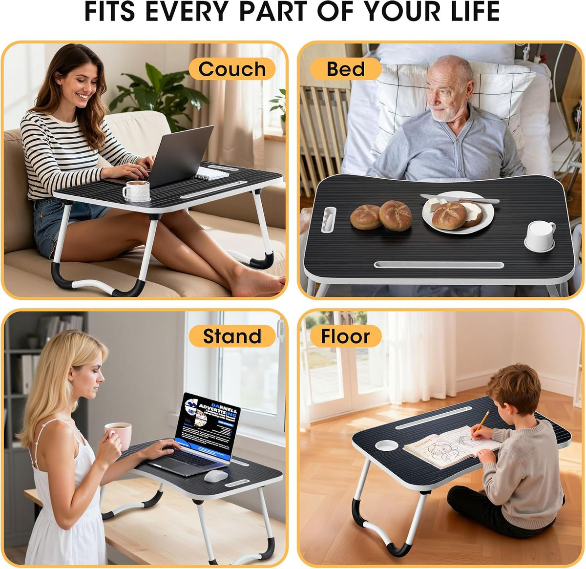 Folding Lap Desk, 23.6 Inch Wood Laptop Bed Desk with Cup Holder, Portable Bed Table for Working Writing Reading & Eating for Bed, Sofa, Couch, Floor - Black