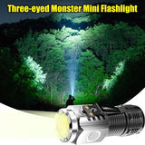 Mini Portable Outdoor LED Flashlight – High Lumens Three-Eyed USB Rechargeable Torch for Camping, Hiking & Emergency