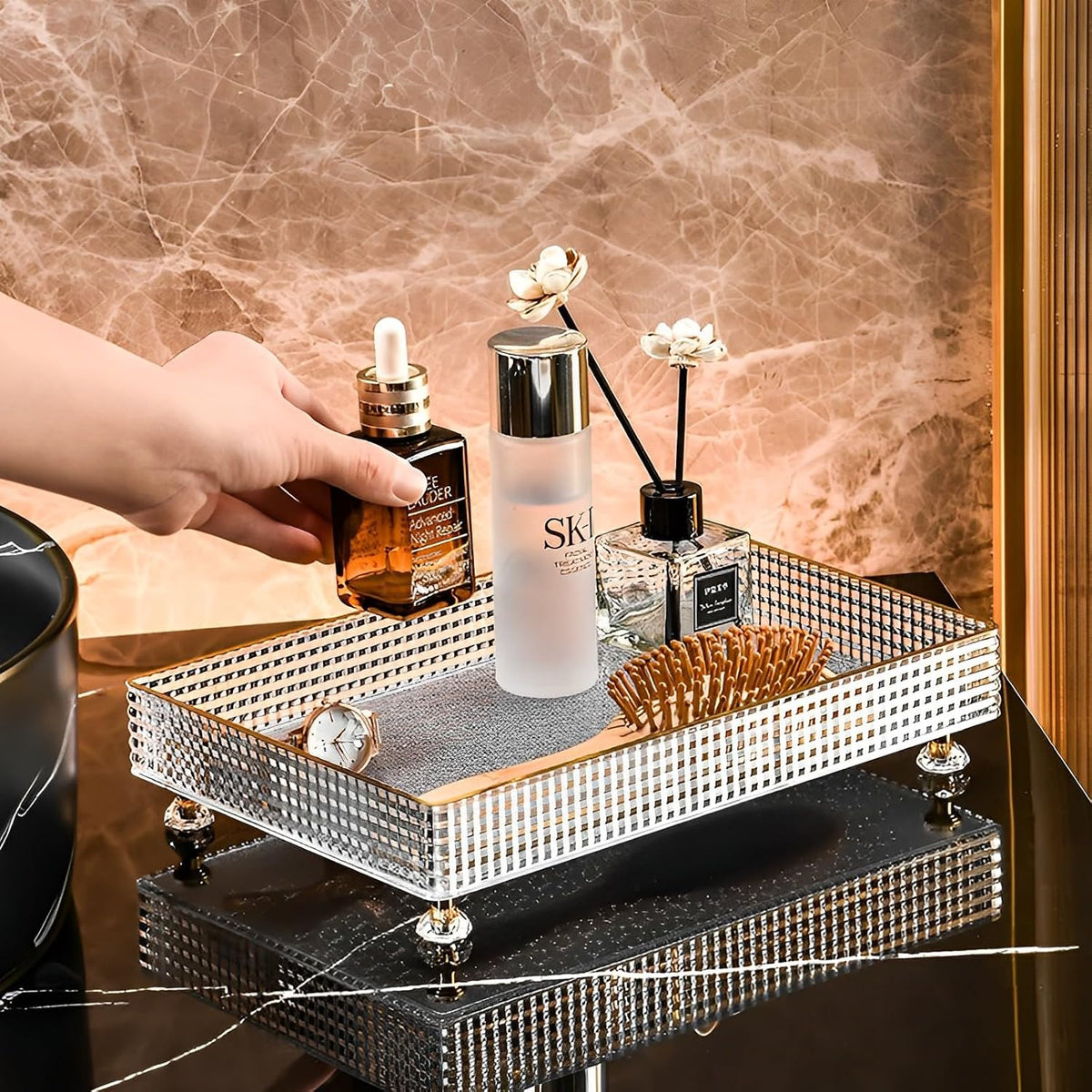 Desktop Perfume & Cosmetic Organizer Acrylic Tray – Transparent Makeup, Skincare & Vanity Storage Display Tray