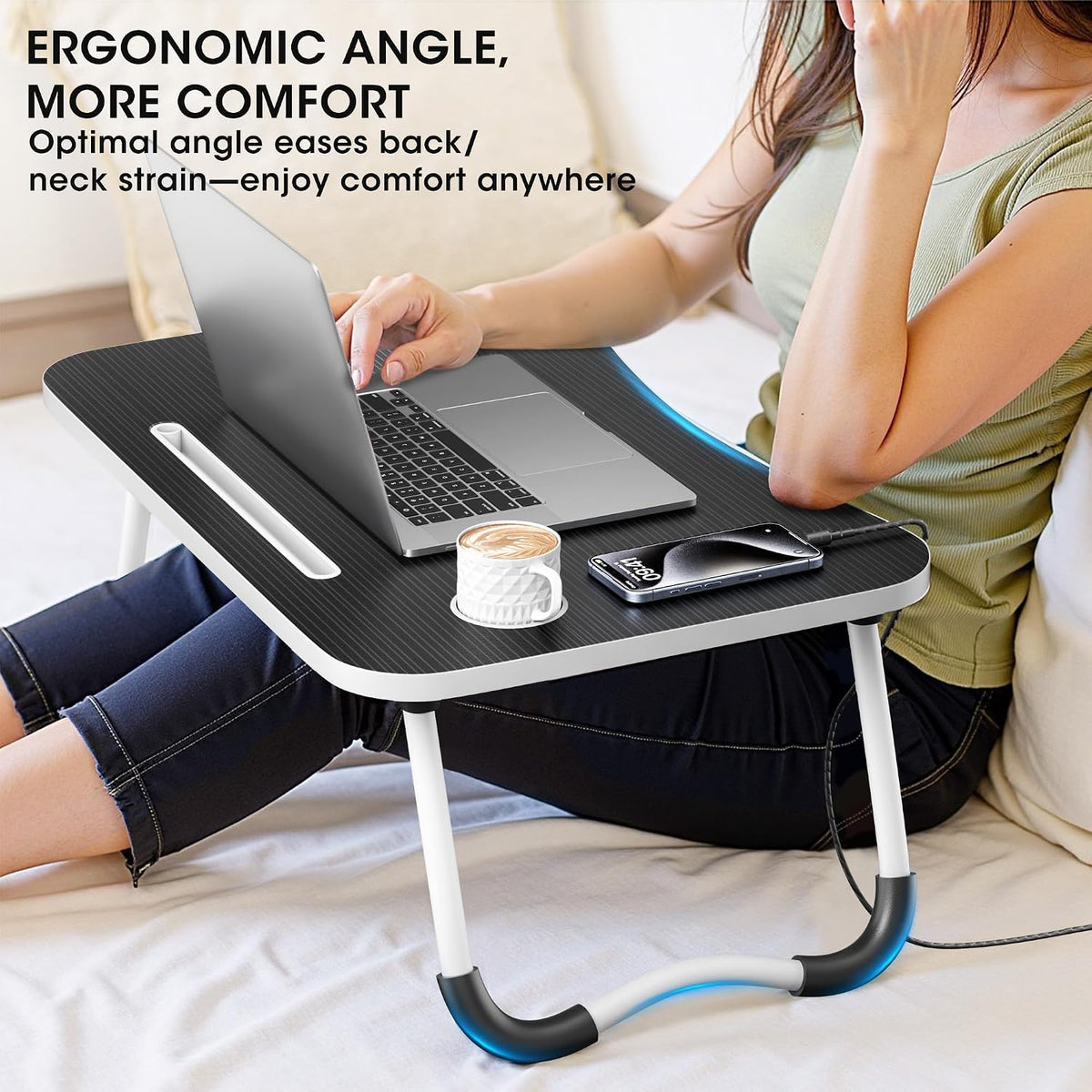 Folding Lap Desk, 23.6 Inch Wood Laptop Bed Desk with Cup Holder, Portable Bed Table for Working Writing Reading & Eating for Bed, Sofa, Couch, Floor - Black