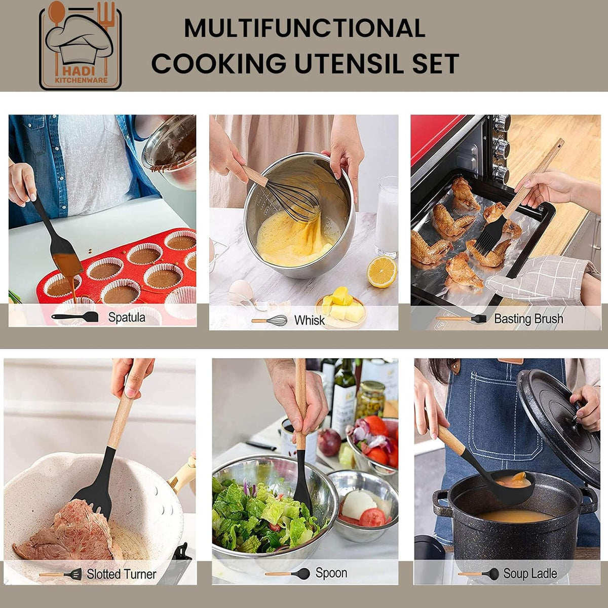 12 PCS Silicone Kitchen Utensil Set – Non-Stick Cooking Spoon Set with Wooden Handles & Utensil Holder