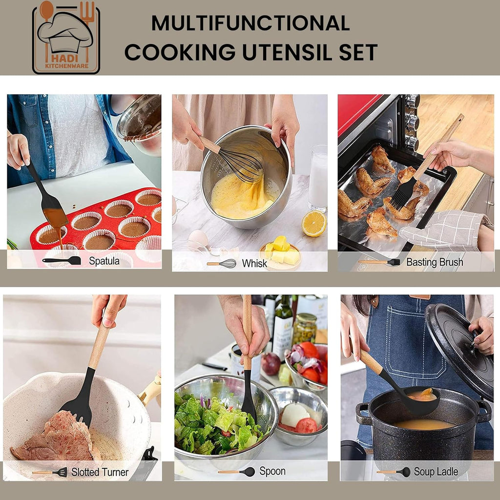 12 PCS Silicone Kitchen Utensil Set – Non-Stick Cooking Spoon Set with Wooden Handles & Utensil Holder