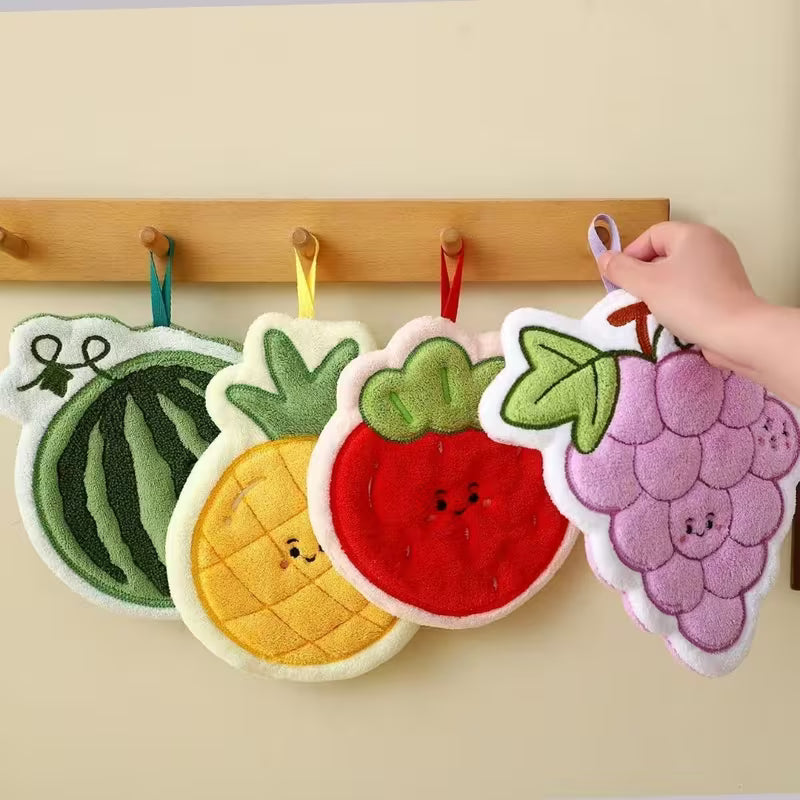 Cute Fruit Absorbent Kitchen Fleece Hanging Towel – Soft Quick-Dry Hand & Dish Towel with Hanging Loop