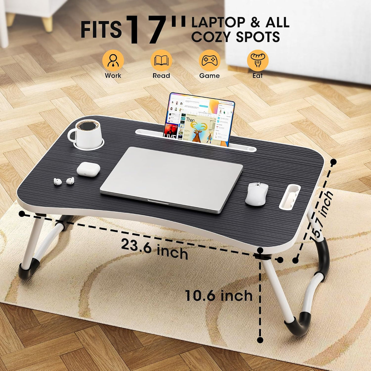 Folding Lap Desk, 23.6 Inch Wood Laptop Bed Desk with Cup Holder, Portable Bed Table for Working Writing Reading & Eating for Bed, Sofa, Couch, Floor - Black