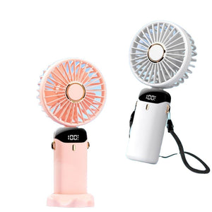 Handheld Mini Fan – Foldable Portable Neck Hanging Fan with 5 Speeds, USB Rechargeable, Display Screen & Phone Stand