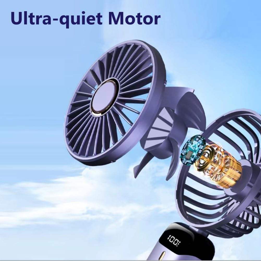Handheld Mini Fan – Foldable Portable Neck Hanging Fan with 5 Speeds, USB Rechargeable, Display Screen & Phone Stand