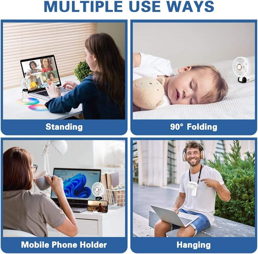 Handheld Mini Fan – Foldable Portable Neck Hanging Fan with 5 Speeds, USB Rechargeable, Display Screen & Phone Stand
