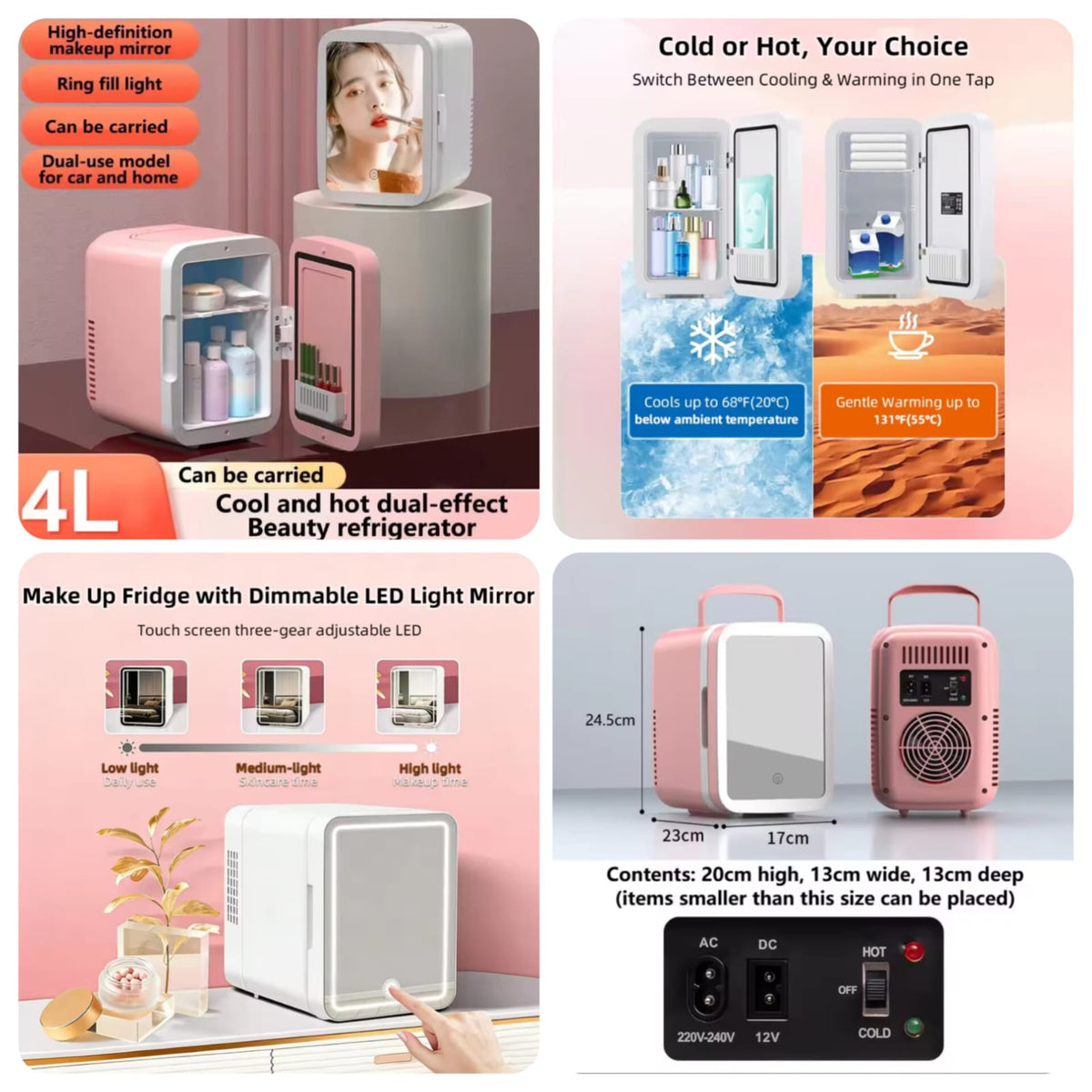 4L Vanity Mirror LED Portable Mini Fridge – Makeup & Skincare Refrigerator with LED Mirror for Bedroom, Office & Car
