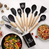 12 PCS Silicone Kitchen Utensil Set – Non-Stick Cooking Spoon Set with Wooden Handles & Utensil Holder