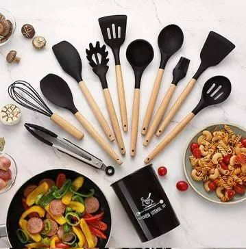12 PCS Silicone Kitchen Utensil Set – Non-Stick Cooking Spoon Set with Wooden Handles & Utensil Holder