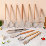 12 PCS Silicone Kitchen Utensil Set – Non-Stick Cooking Spoon Set with Wooden Handles & Utensil Holder