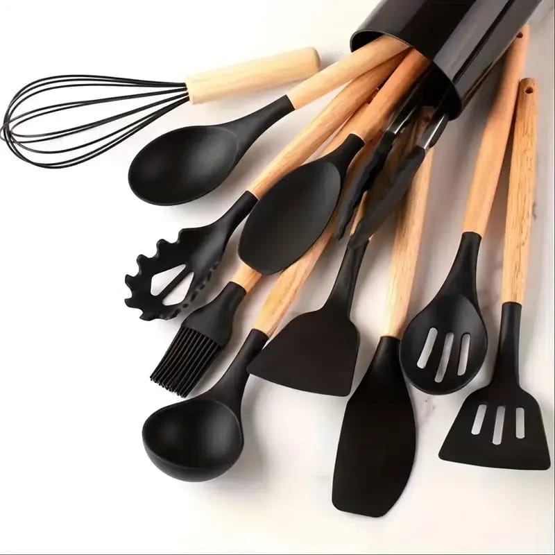 12 PCS Silicone Kitchen Utensil Set – Non-Stick Cooking Spoon Set with Wooden Handles & Utensil Holder