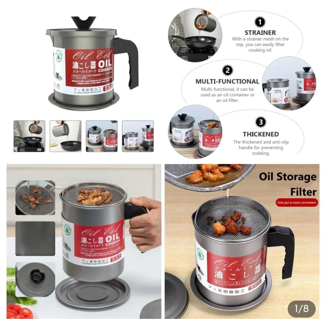 Kitchen Oil Filter Pot 1.4L – Stainless Steel Oil Strainer Container with Fine Mesh Filter for Cooking Oil Storage